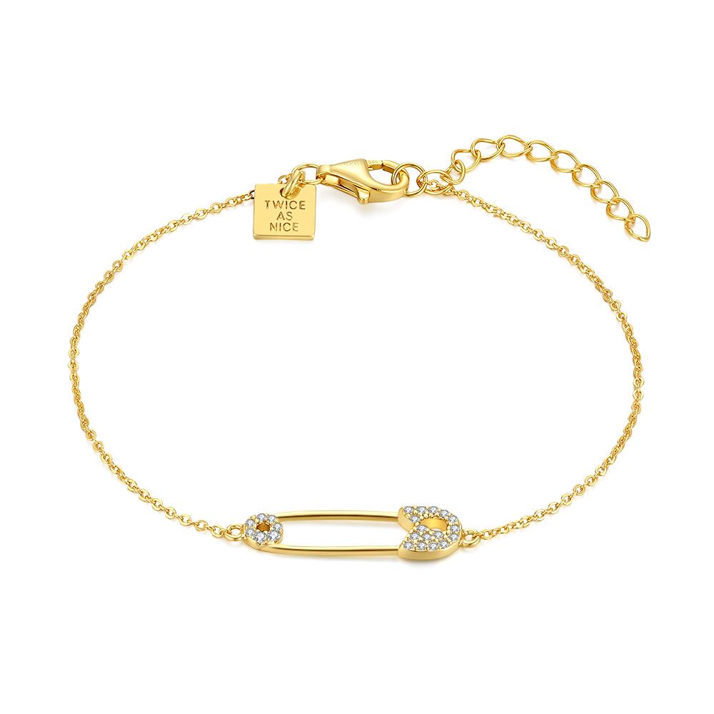 18Ct Gold Plated Silver Bracelet, Safety Pin, Zirconia