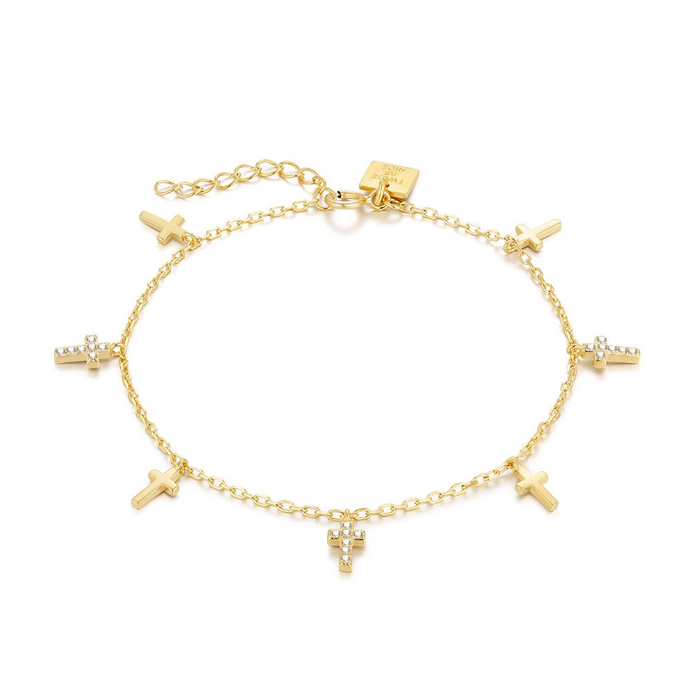 18Ct Gold Plated Silver Bracelet, 7 Small Crosses
