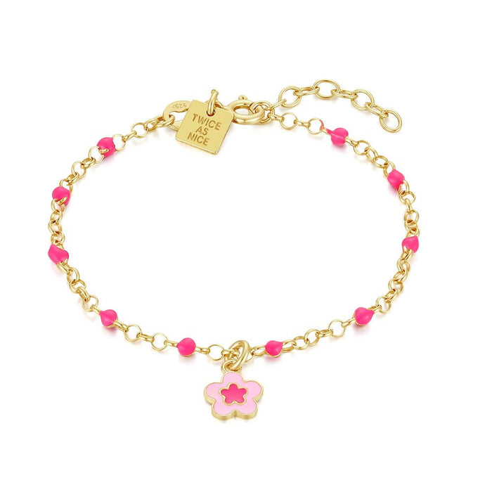 18Ct Gold Plated Silver Bracelet, Fuchsia Flower, Pink Enamel Dots