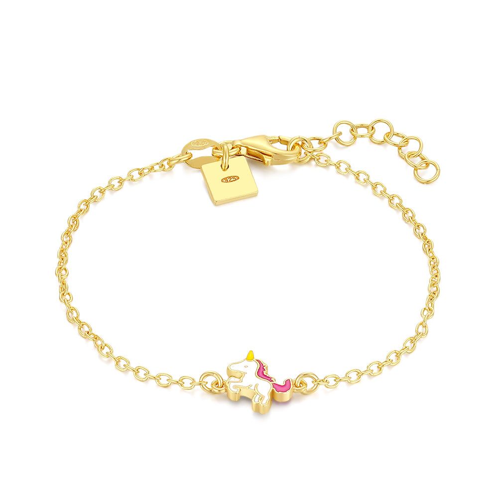 18Ct Gold Plated Silver Bracelet, Unicorn, Pink