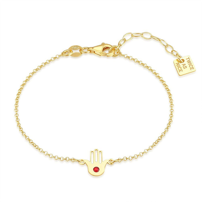 18Ct Gold Plated Silver Bracelet, Hand, 1 Red Crystal