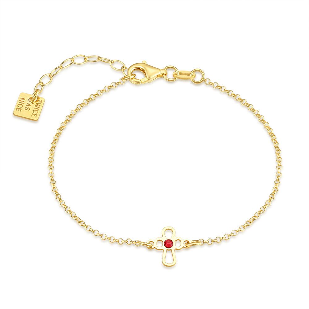 18Ct Gold Plated Silver Bracelet, Rounded Cross, 1 Red Crystal