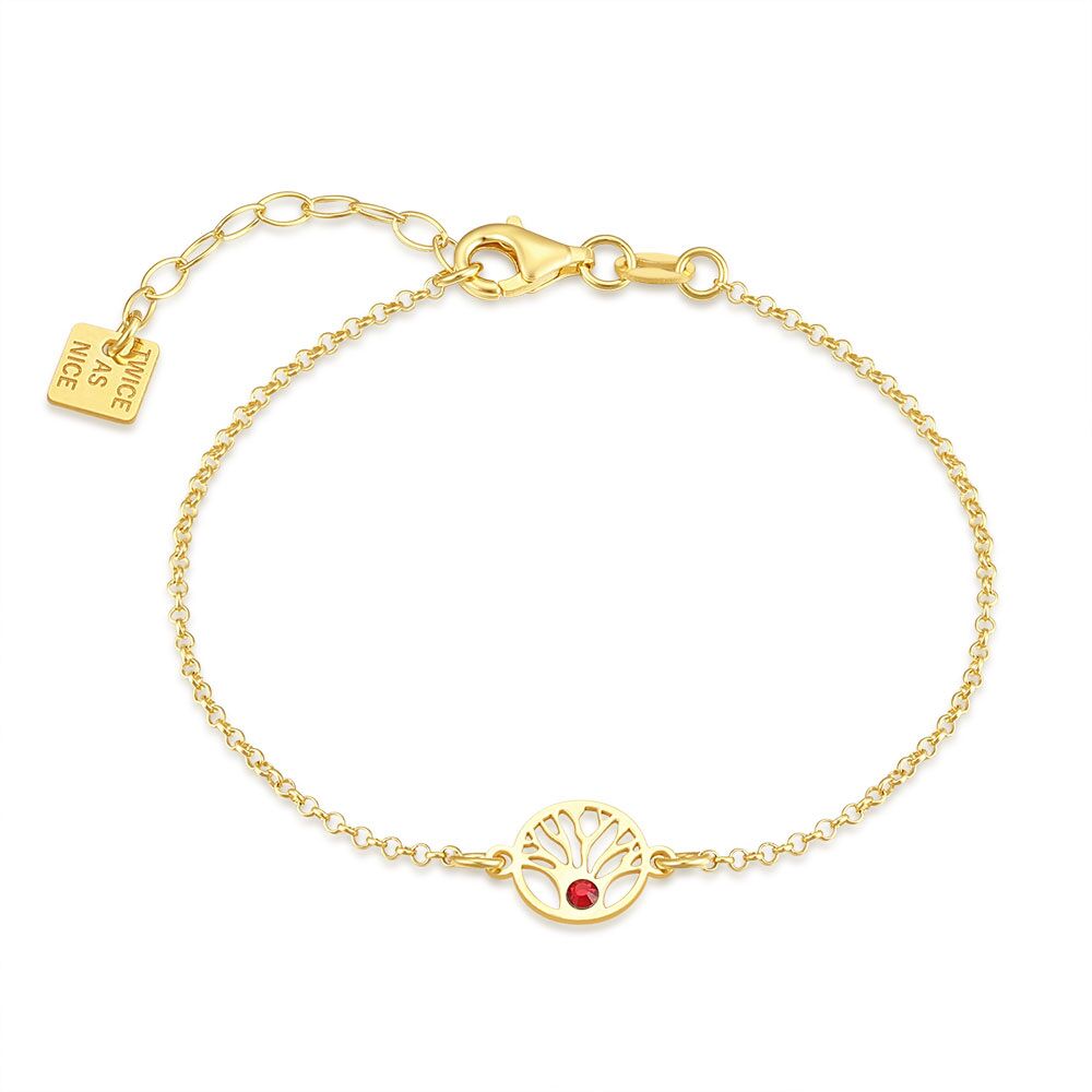 18Ct Gold Plated Silver Bracelet, Tree Of Life, Red Zirconia