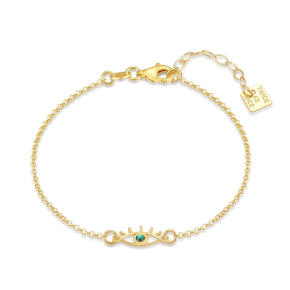 18Ct Gold Plated Silver Bracelet, Forcat Chain, Eye, 1 Green Crystal
