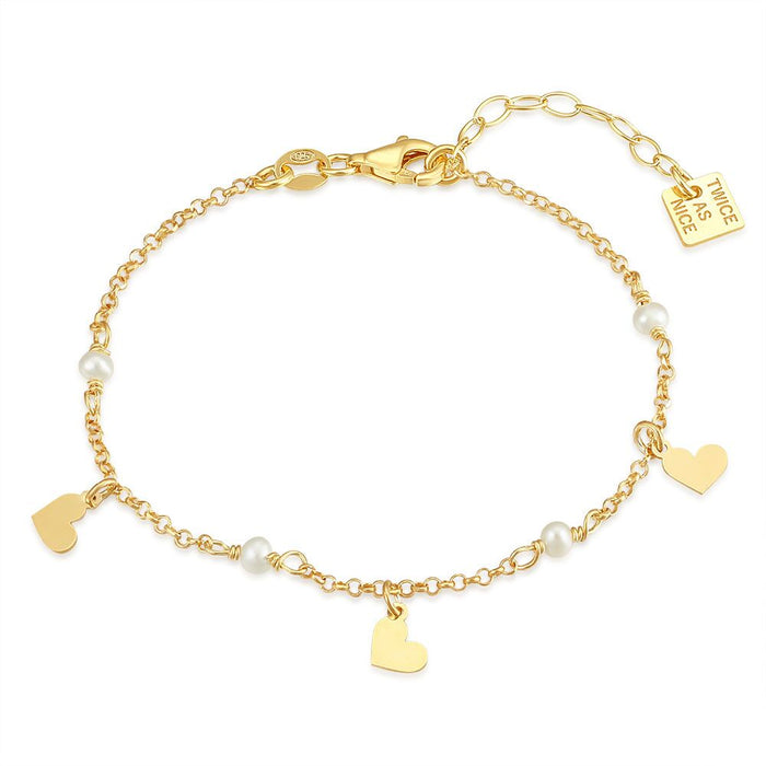 18Ct Gold Plated Silver Bracelet, 3 Hearts, 4 Pearls
