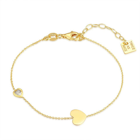18Ct Gold Plated Silver Bracelet, 2 Hearts, 1 Zirconia