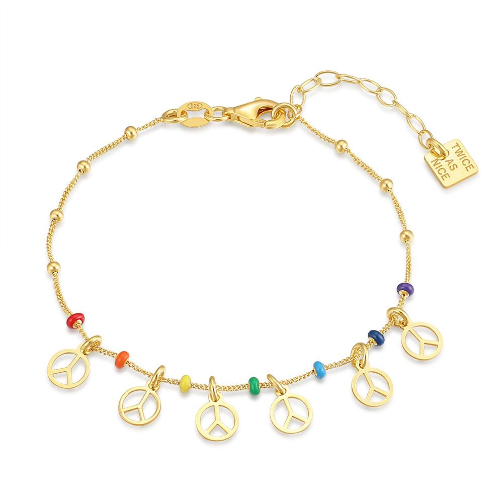 18Ct Gold Plated Silver Bracelet, 6 Peace Signs, Multicoloured Enamel Balls
