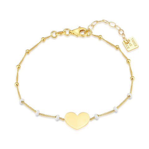 18Ct Gold Plated Silver Bracelet, Heart With Gold Colored Balls, White Enamel Dots