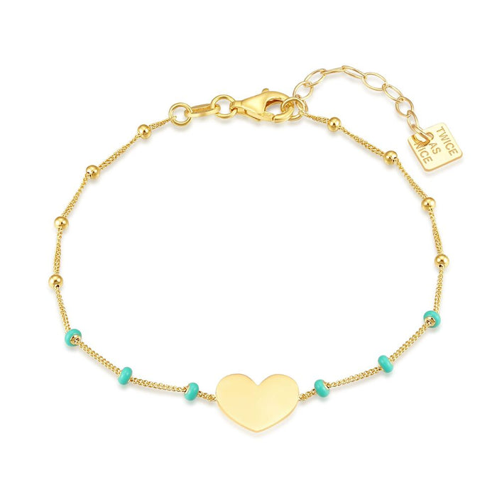 18Ct Gold Plated Silver Bracelet, Heart With Gold Colored Balls, Turquoise Enamel
