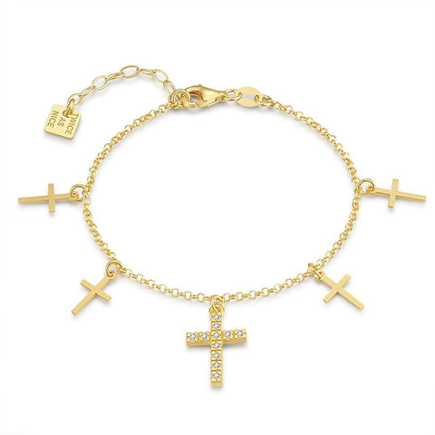 18Ct Gold Plated Silver Bracelet, 1 Cross With Zirconia, 4 Little Crosses