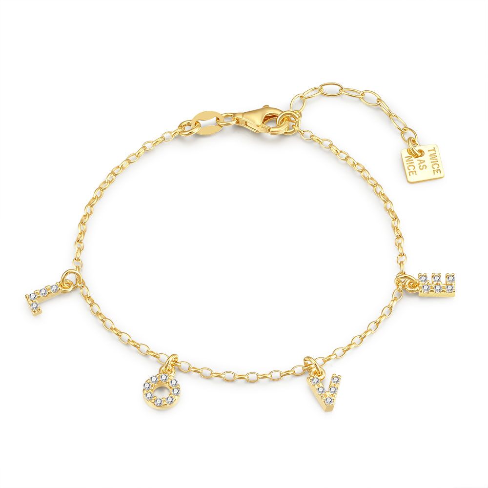 18Ct Gold Plated Silver Bracelet, Forcat Chain, Love With Zirconia