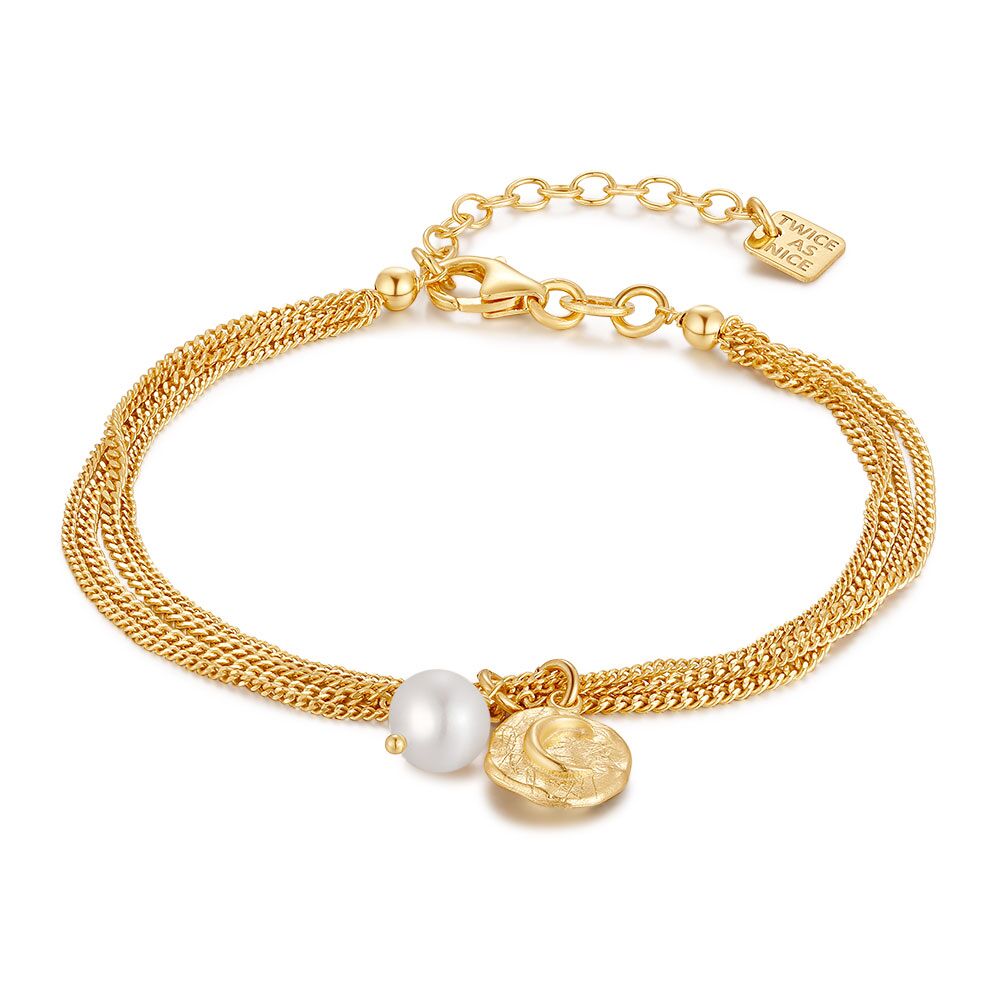 18Ct Gold Plated Silver Bracelet, 4 Chains, Round And Pearl