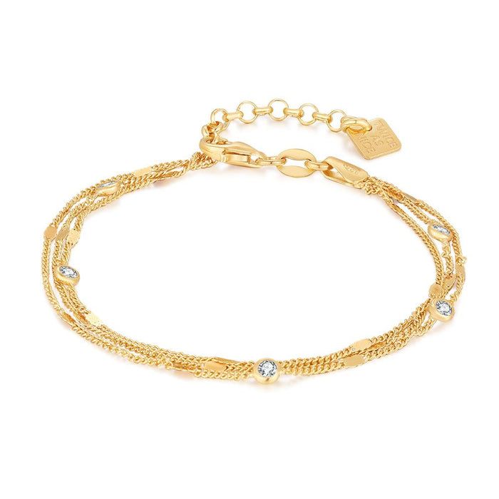 18Ct Gold Plated Silver Bracelet, 3 Chains, Zirconia