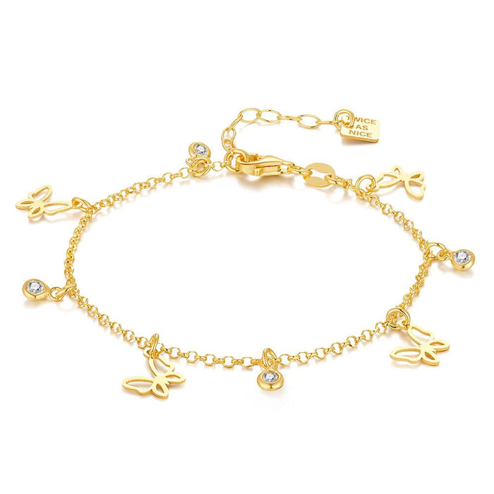 18Ct Gold Plated Silver Bracelet, Butterflies And Zirconia