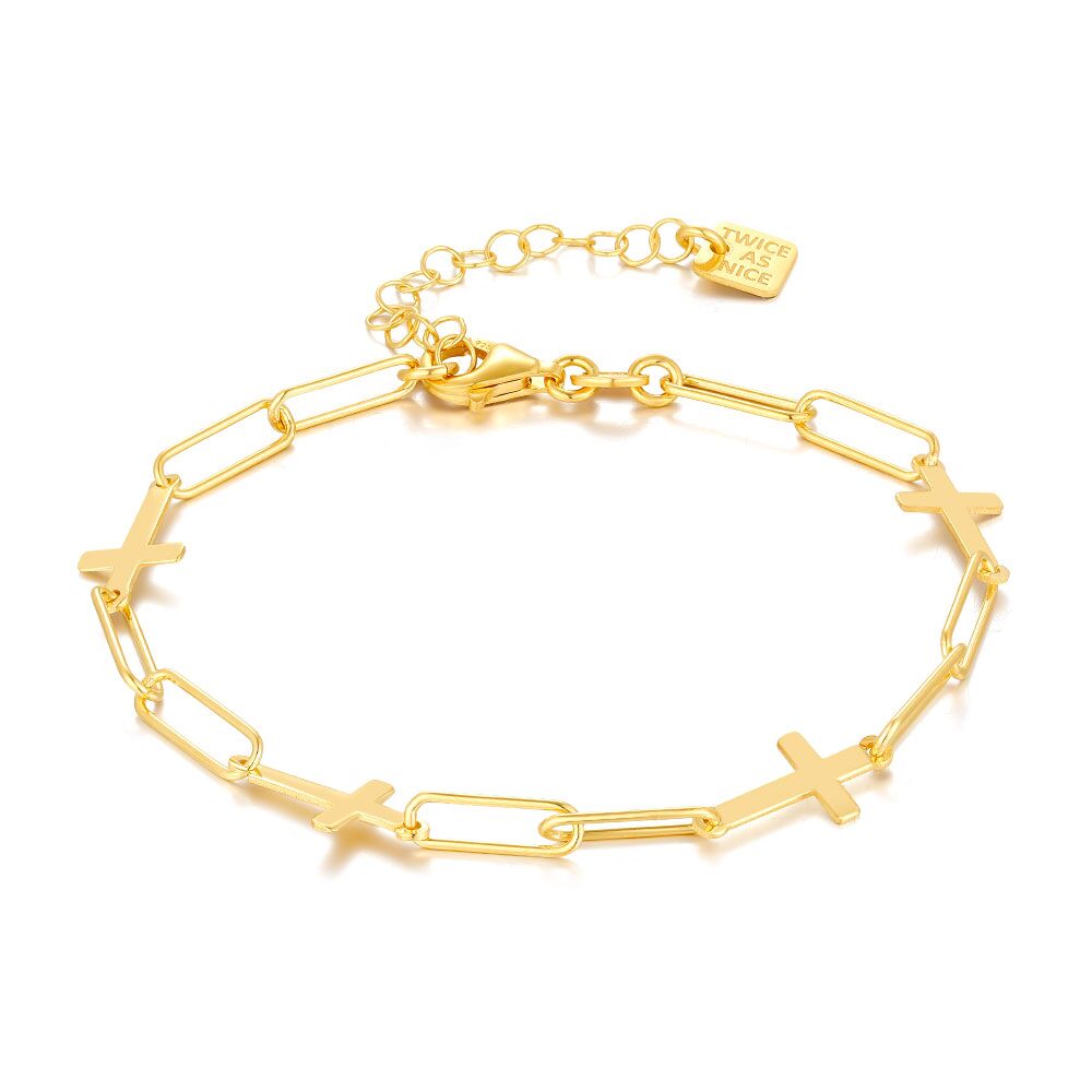 18Ct Gold Plated Silver Bracelet, 4 Crosses, Oval Links