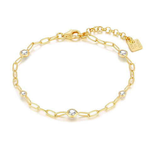 18Ct Gold Plated Silver Bracelet, Gold-Coloured, Oval Links, 5 Zirconia