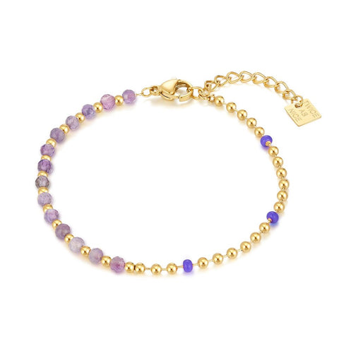 Gold Coloured Stainless Steel Bracelet, Purple Stones
