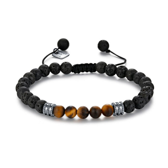 Stainless Steel Bracelet, Lava Natural Stones, 5 Tiger Eye Natural Stones