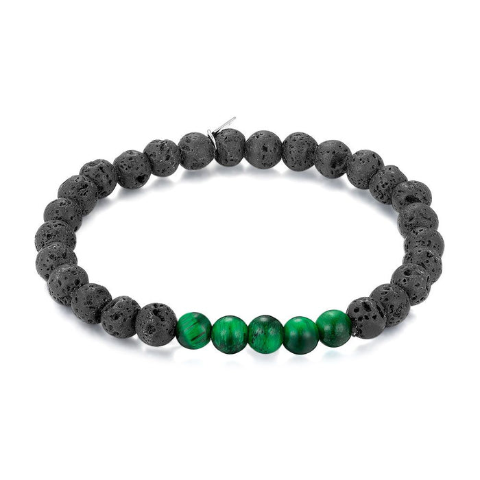 Stainless Steel Bracelet, Balls, Lava And Green Tiger Eye