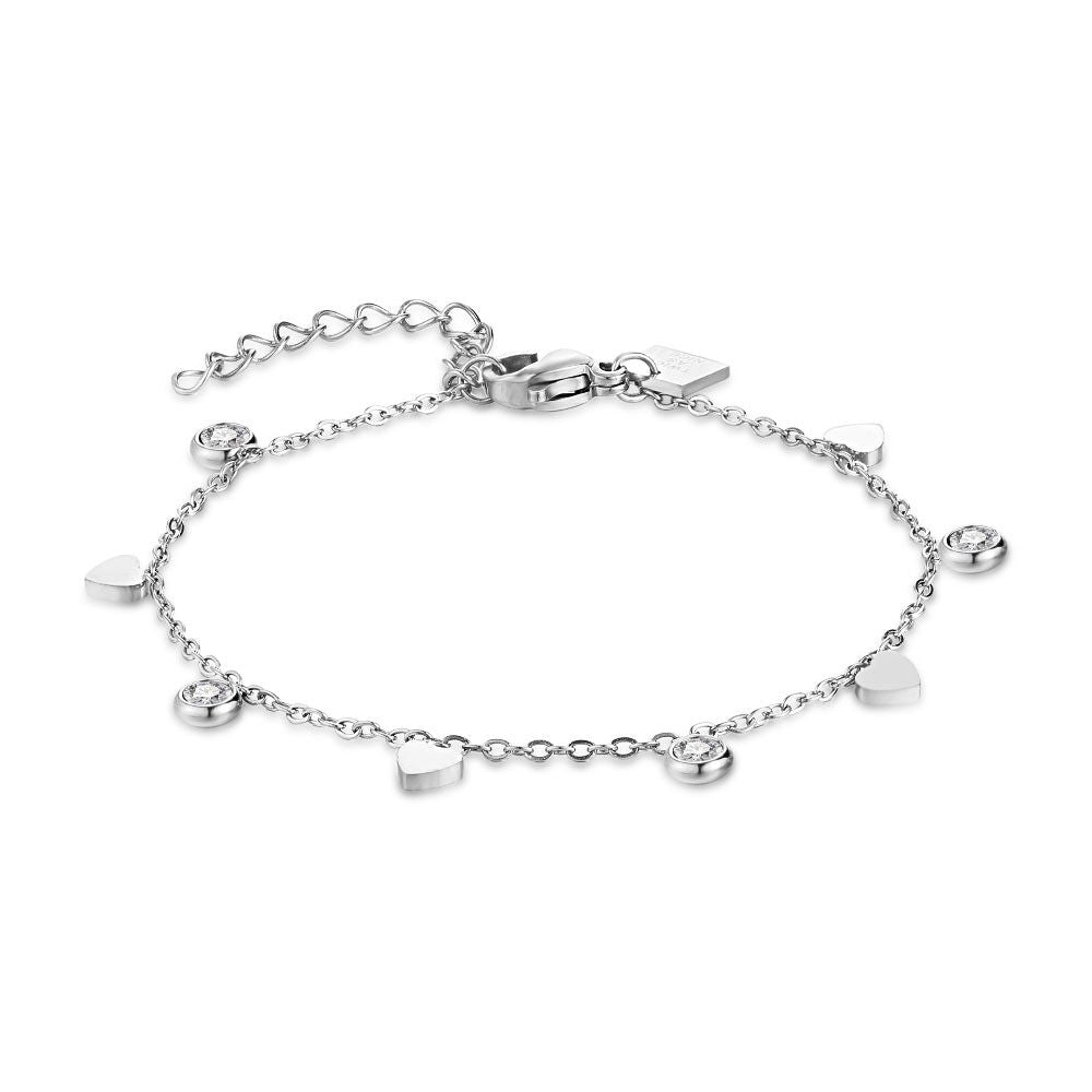 Stainless Steel Bracelet, Zirconia And Hearts