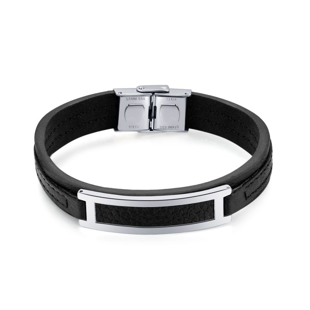 Stainless Steel Bracelet, Black Leather, Central Motif