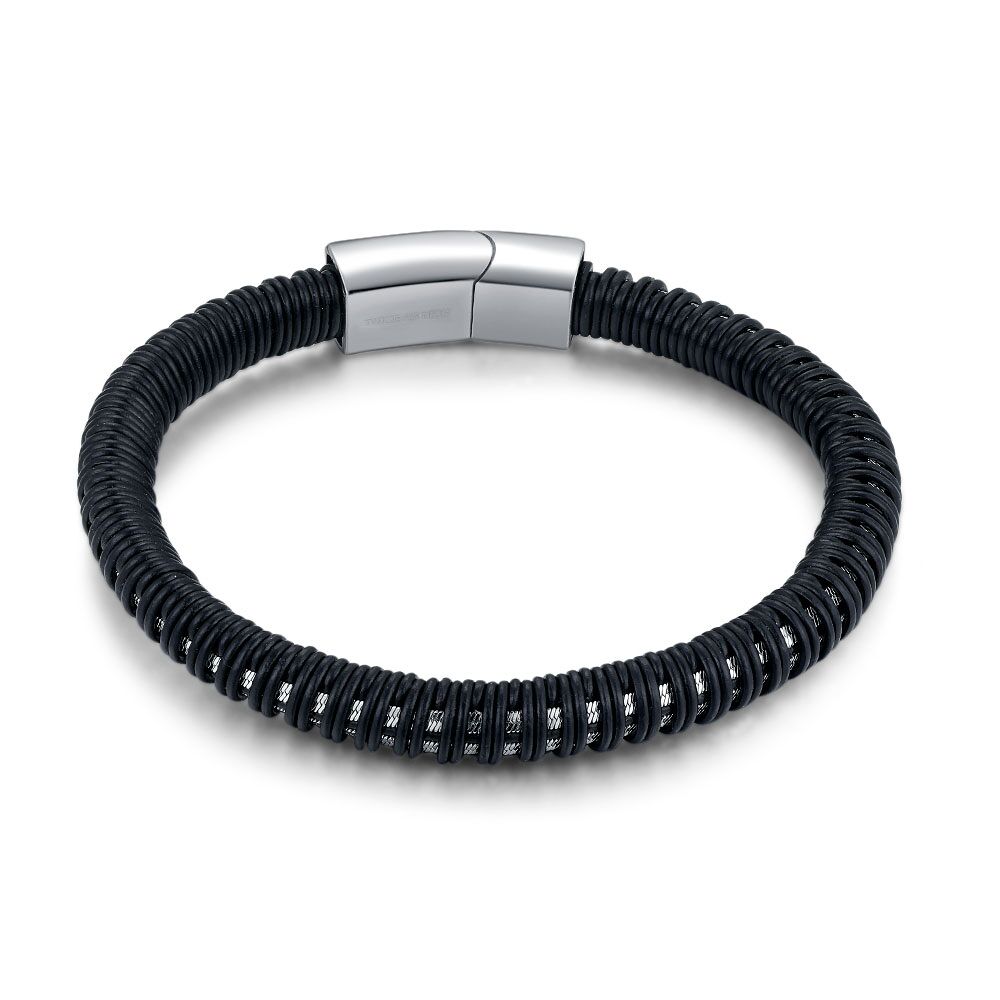 Stainless Steel Bracelet, Black Leather