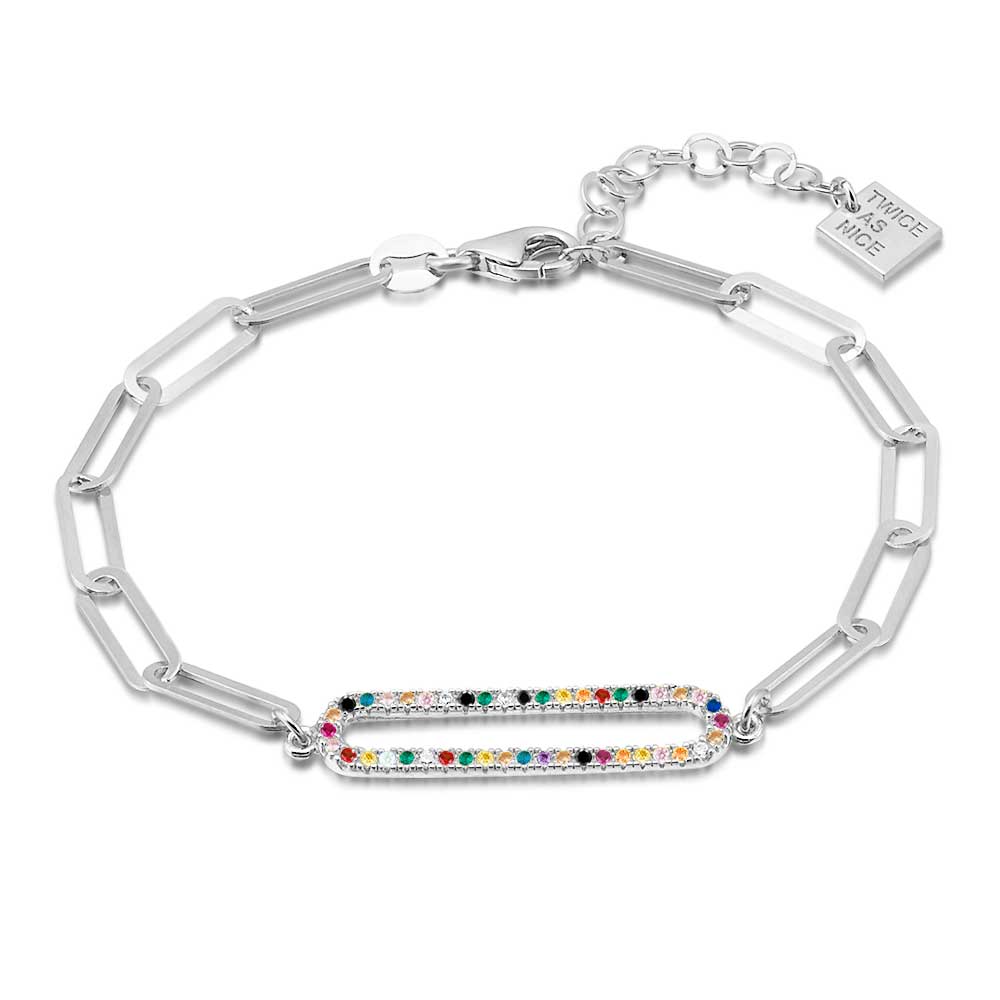 Silver Bracelet, Open Oval, Multicolored Zirconia