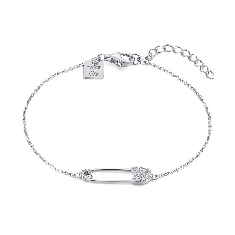 Silver Bracelet, Safety Pin, Zirconia