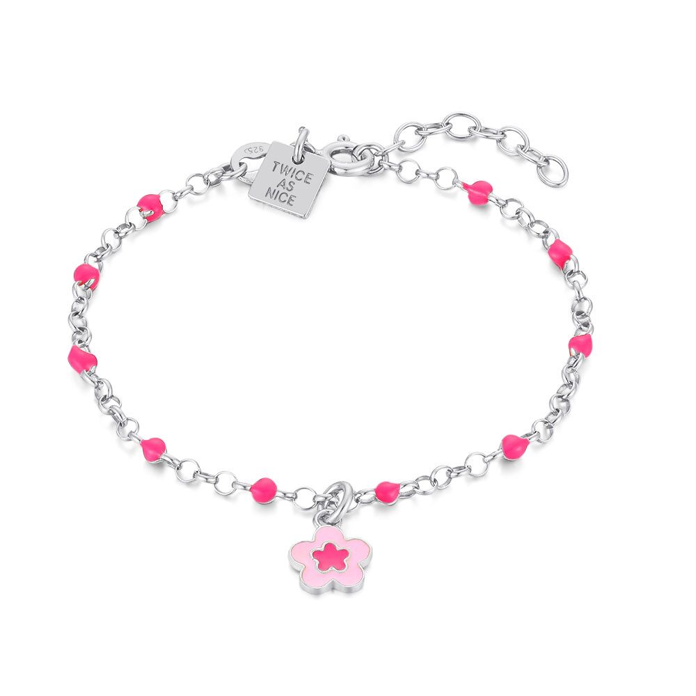 Silver Bracelet, Hanging Flower, Pink