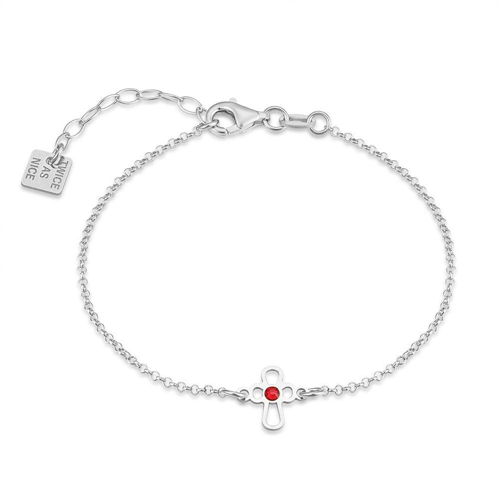 Silver Bracelet, Rounded Cross, 1 Red Crystal