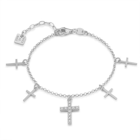 Silver Bracelet, 1 Cross With Zirconia, 4 Little Crosses