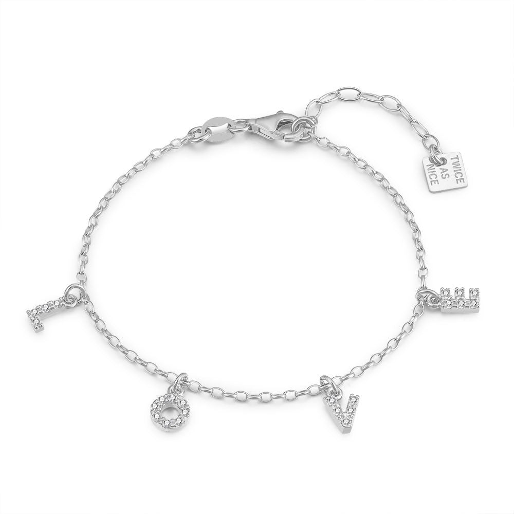 Silver Bracelet, Oval Forcat Chain, Love, Zirconia