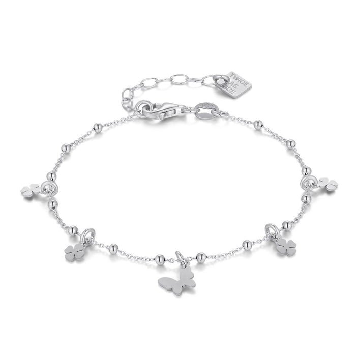 Silver Bracelet, Butterfly And Clovers