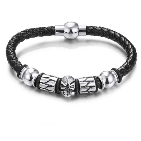 Stainless Steel Bracelet, Braided Black Leather And Skull