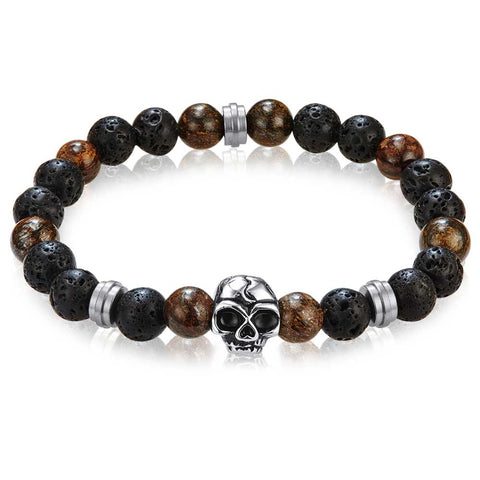 Stainless Steel Bracelet, Black Lava Natural Stones, Skull