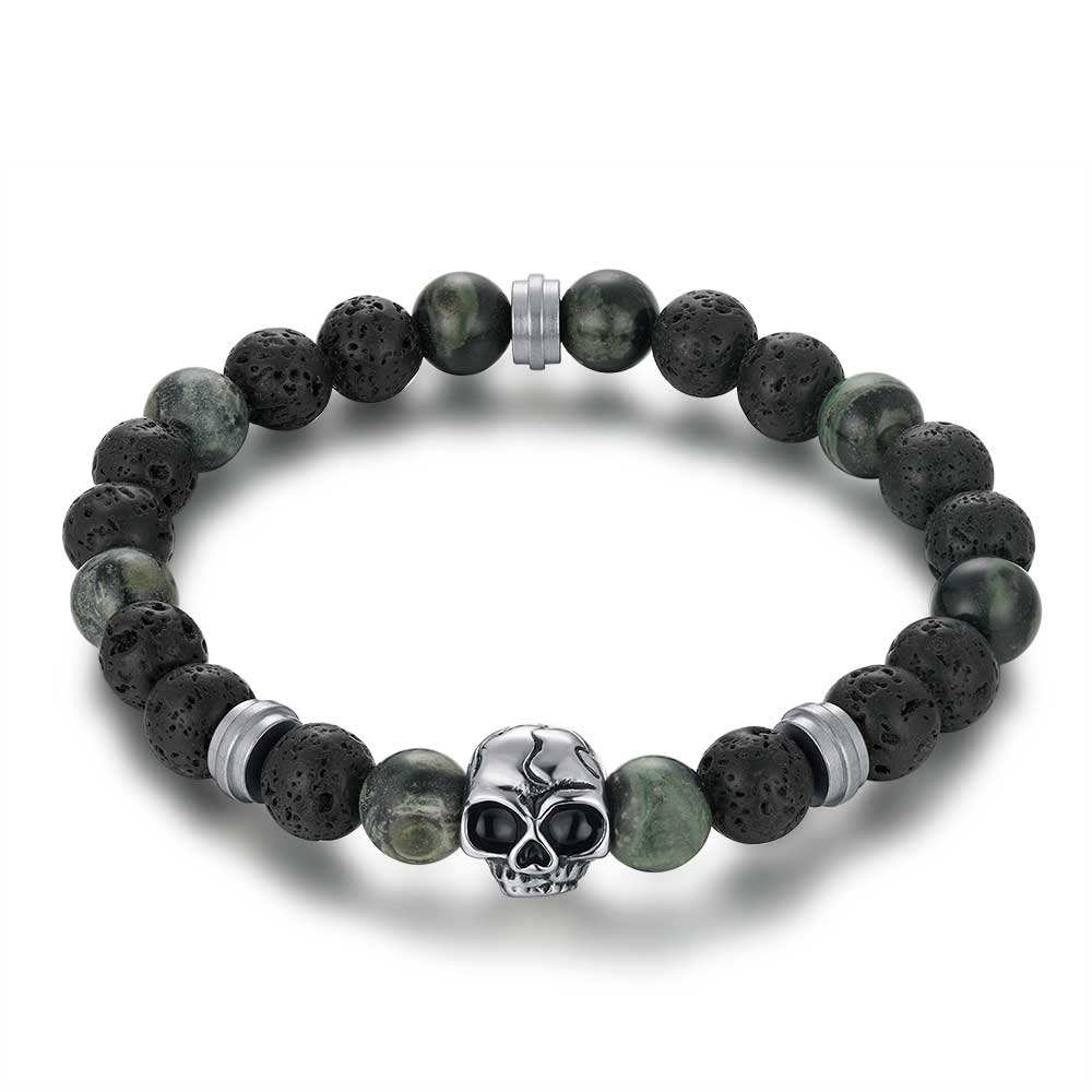 Stainless Steel Bracelet, Black And Green Lava Natural Stones, Skull
