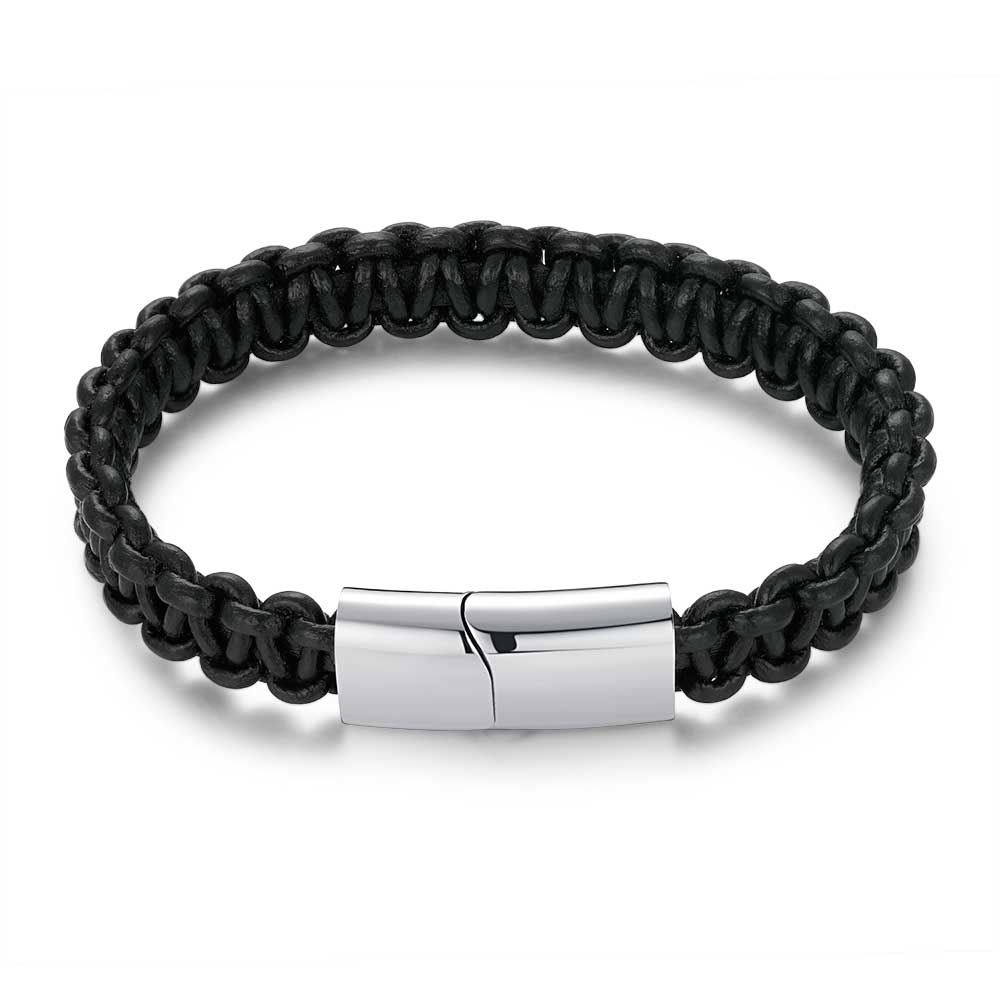 Stainless Steel Bracelet, Black, Braided Leather