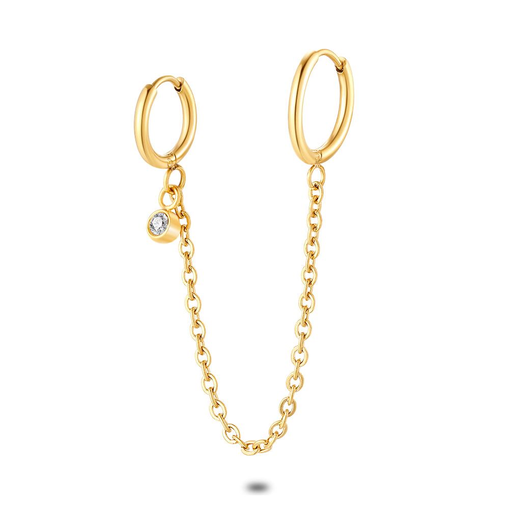Earring Per Piece In Gold-Coloured Stainless Steel, 2 Hoops, Chain, Crystal