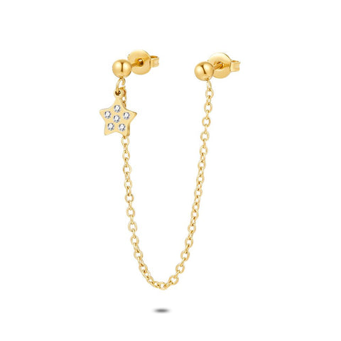 Gold Coloured Stainless Steel Earring Per Piece, Ball With Star On Chain