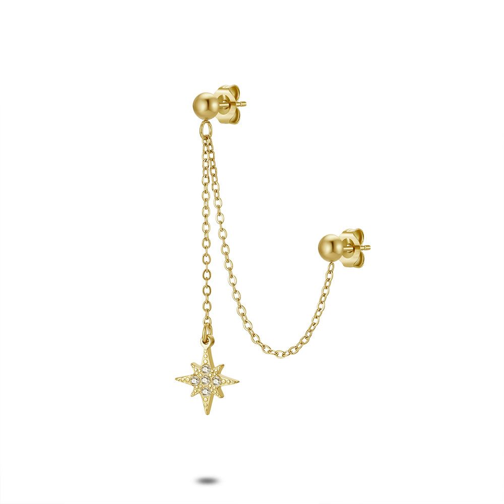Earring Per Piece In Gold-Coloured Stainless Steel, 2 Chains, Star With Crystals
