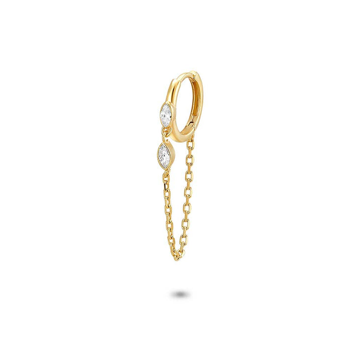 18Ct Gold Plated Silver Earring, Hoop Earring, 2 Zirconia Ellipses On A Chain