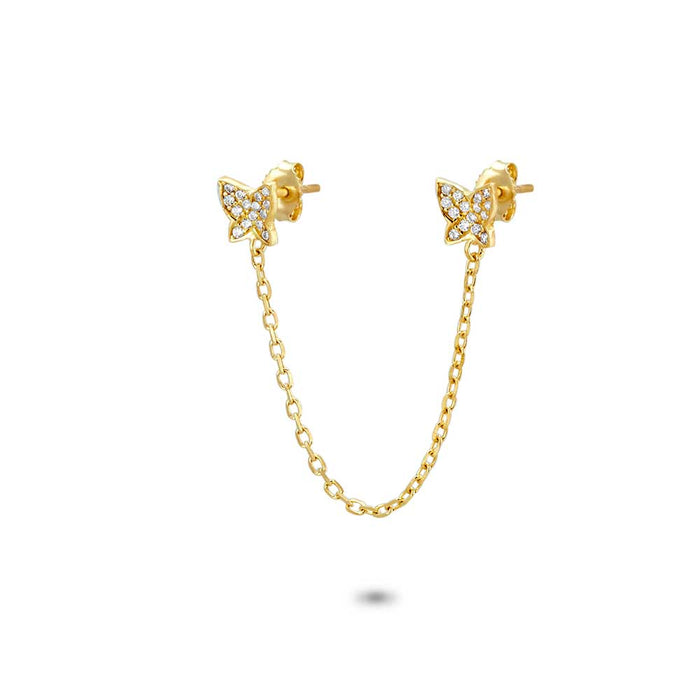 18Ct Gold Plated Silver Earrings, 2 Butterflies On Chain