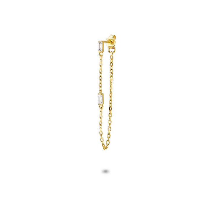 18Ct Gold Plated Silver Earring, Per Piece, 2 Emerald Cut Zirconia On Chain