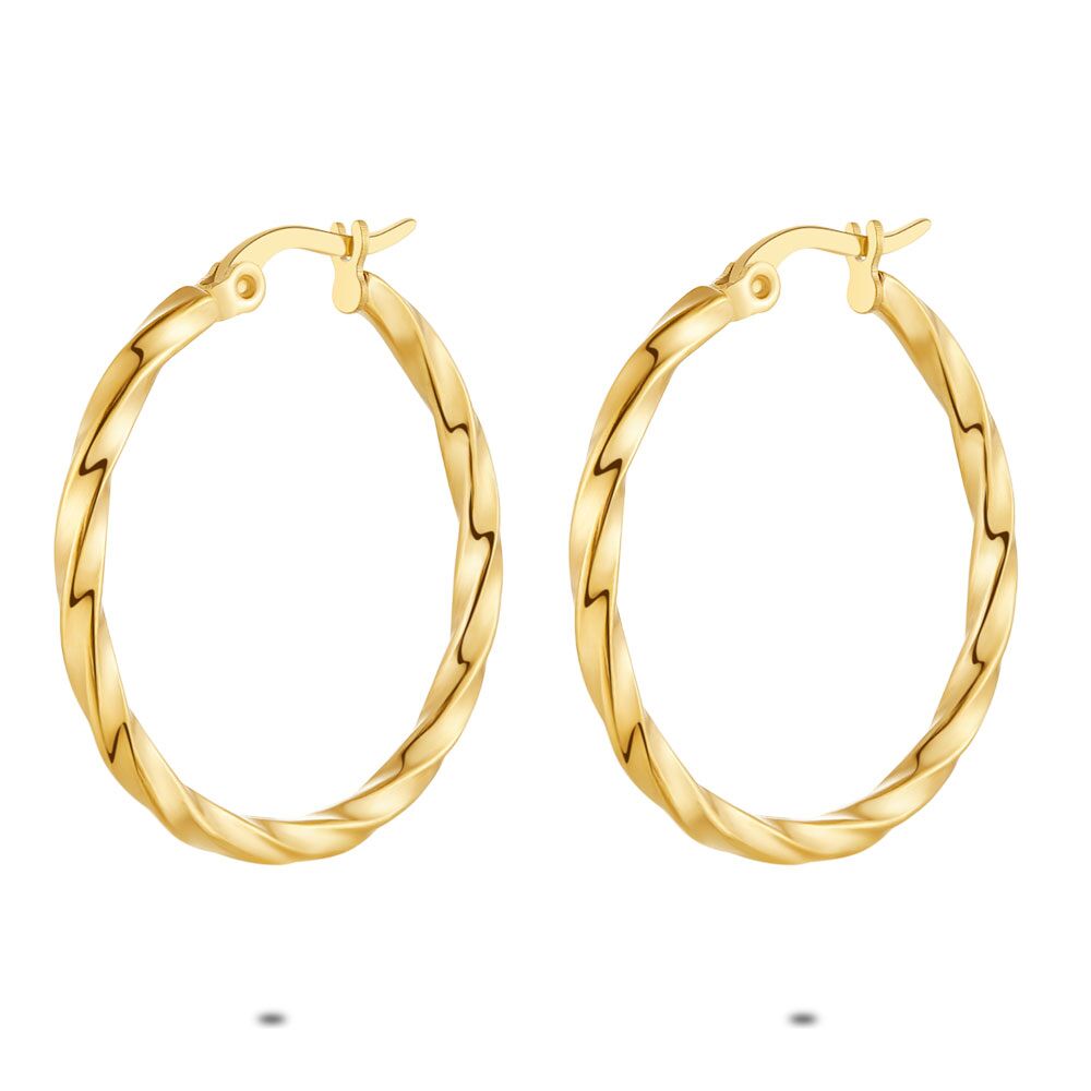 Earring Per Piece In Gold-Coloured Stainless Steel, Twisted Hoop Earrings, 30 Mm