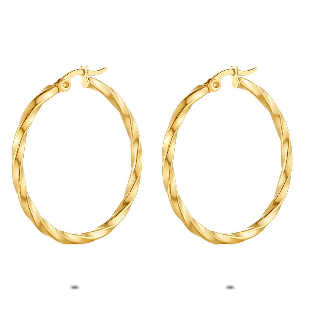 Gold Coloured Stainless Steel Earrings, Twisted Hoop Earrings, 35 Mm