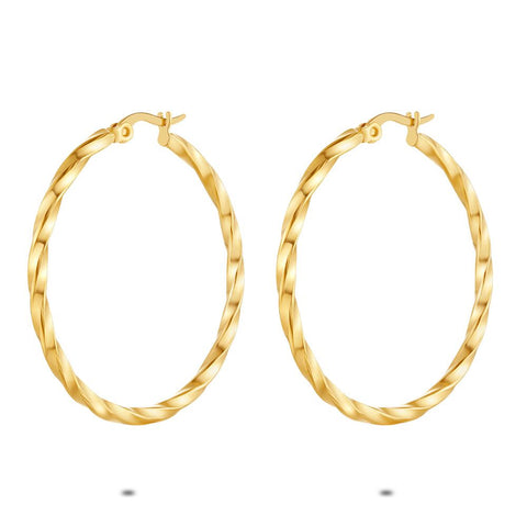 Gold Coloured Stainless Steel Earrings, Twisted Hoop Earrings, 40 Mm