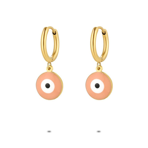 Gold Coloured Stainless Steel Earrings, Hoops, Pink Eye