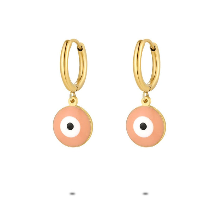 Gold Coloured Stainless Steel Earrings, Hoops, Pink Eye