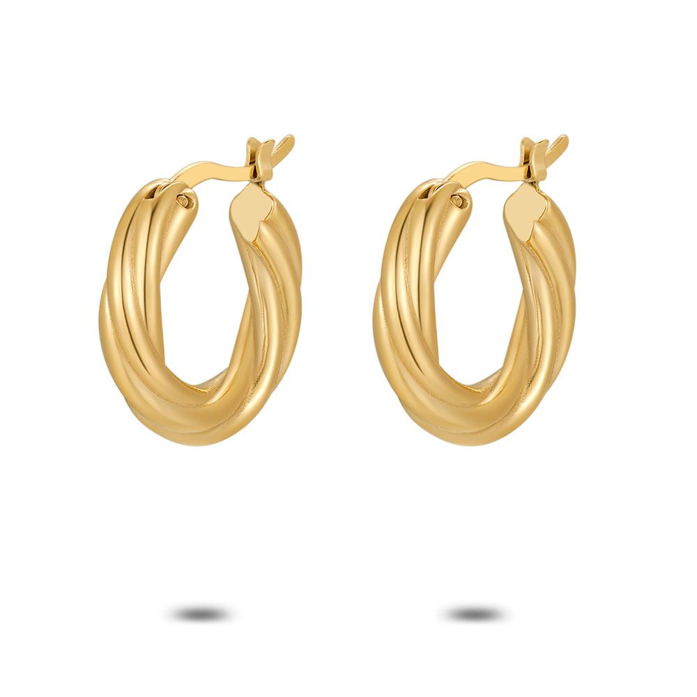 Gold Coloured Stainless Steel Earrings, Hoops, Twisted, 23 Mm