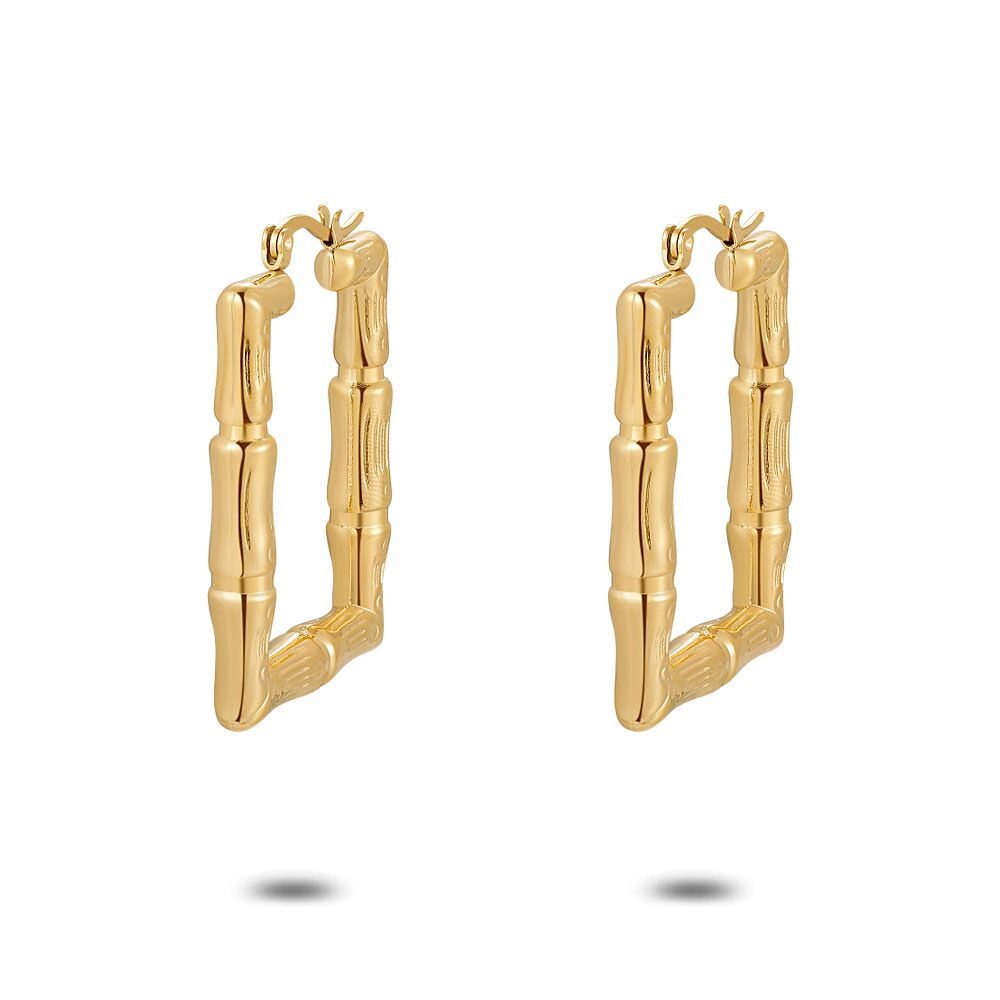 Gold Coloured Stainless Steel Earrings, Hoops, Rectangular With Drawing
